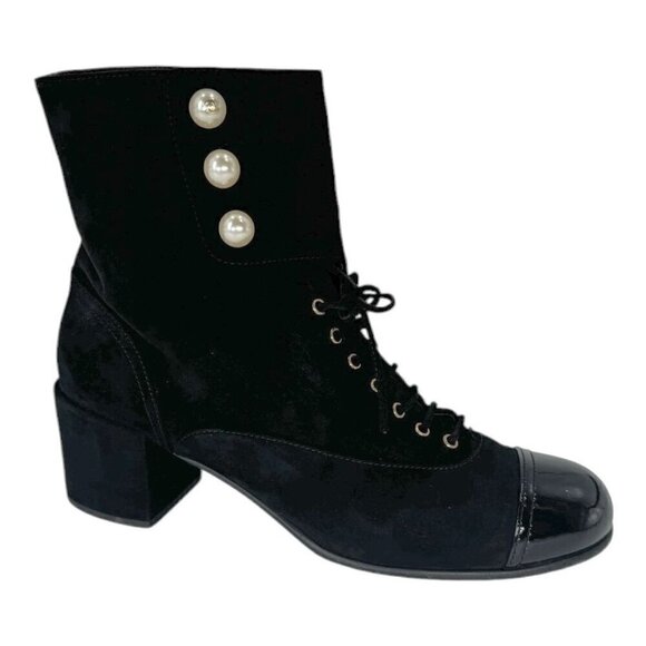 Chanel Suede Pearl CC Logo Patent Cap Toe Short Boots - Picture 1 of 16